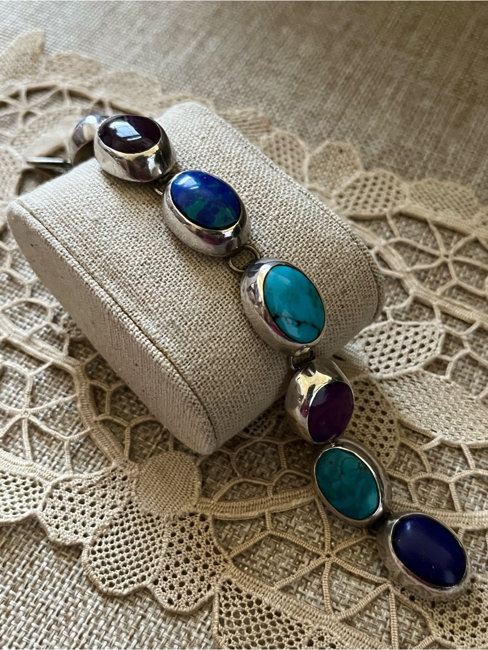 Multi-Stone Silver Bracelet with Turquoise, Purple and Blue Stones